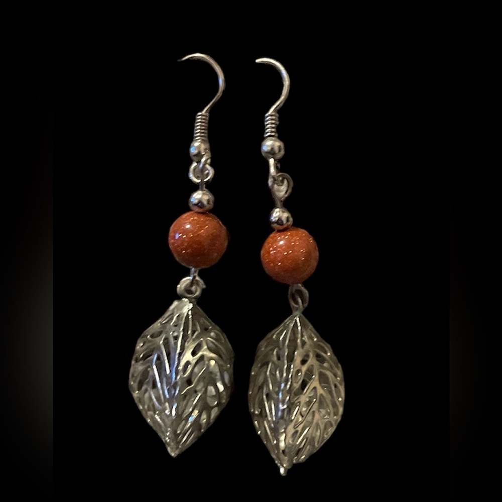 Handcrafted dainty copper color bead with silver leaf dangling earring’s